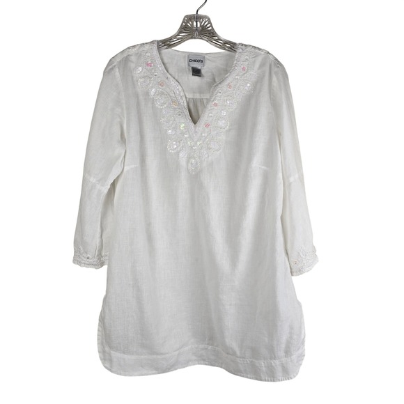 Chico's Tops - Chico's Size 1 White Linen Cotton Blend Embellished Tunic Top Sequin V-Neck